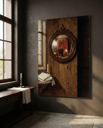 A carved round mirror bulges from weathered planks, gathering a whole crimson-hung chamber, two robed figures and leaded window into its small curved world.