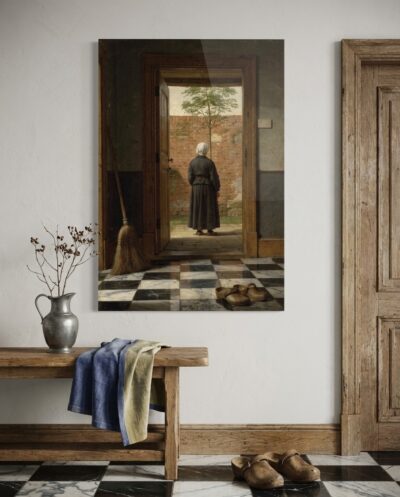 Through a shadowed hall an open door leads to a sunlit room and a small walled courtyard, where a single young tree stands against warm brick.