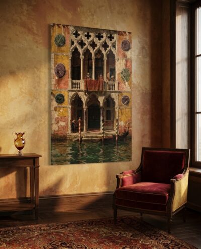 A Venetian gothic façade rises from green water, its pointed arcades and quatrefoil tracery glowing beneath peeling ochre plaster and a hanging crimson brocade.