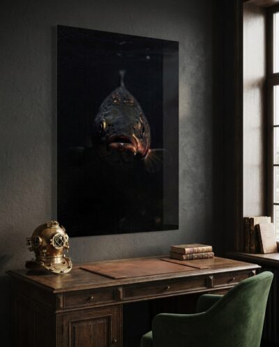 A single fish turns head-on out of total black, only its wet eye and the copper glow of a gill plate catching the light.