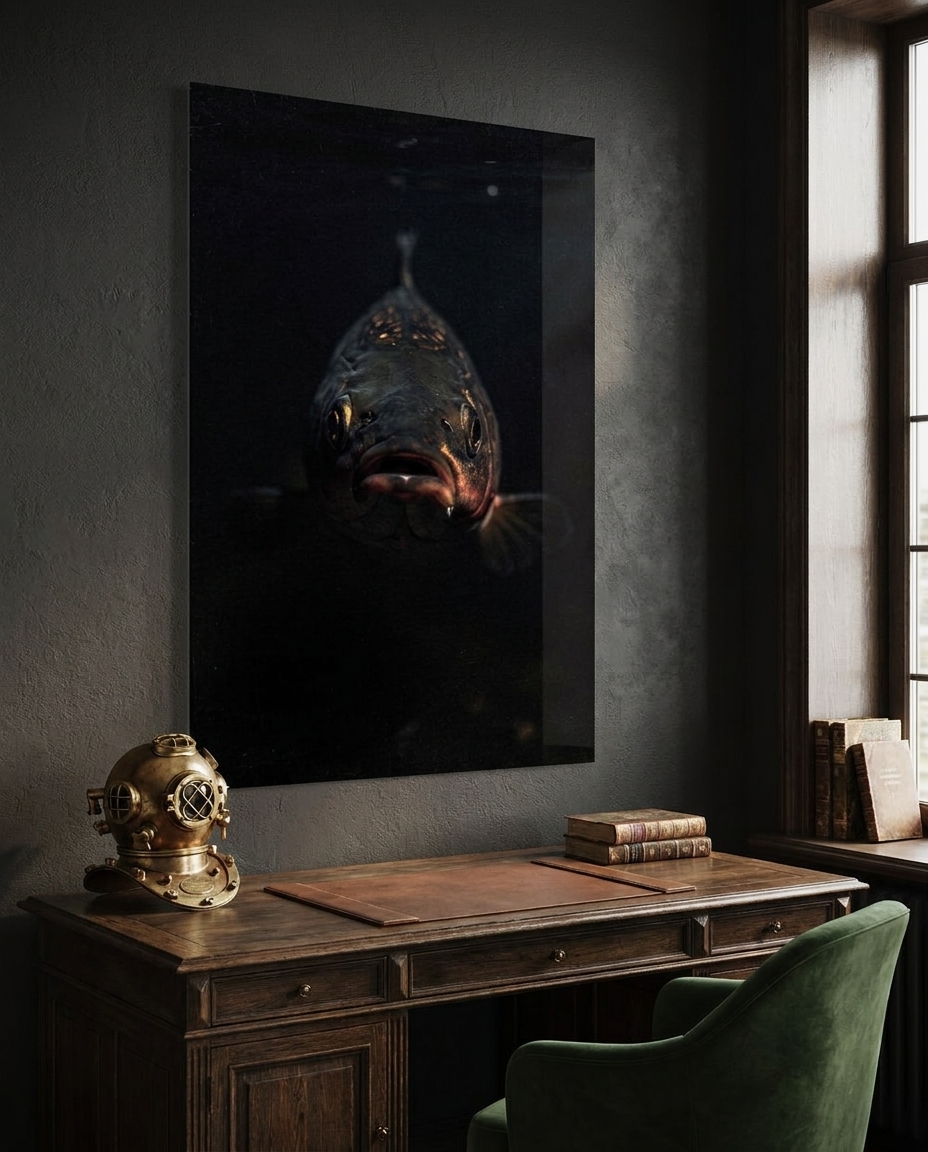 A single fish turns head-on out of total black, only its wet eye and the copper glow of a gill plate catching the light.