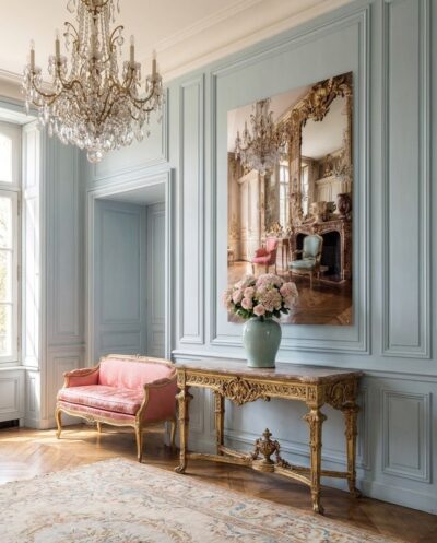 Cascading crystal chandeliers, burnished gold boiserie, and mirrored reflections capture the architectural opulence of an aristocratic eighteenth-century reception salon.