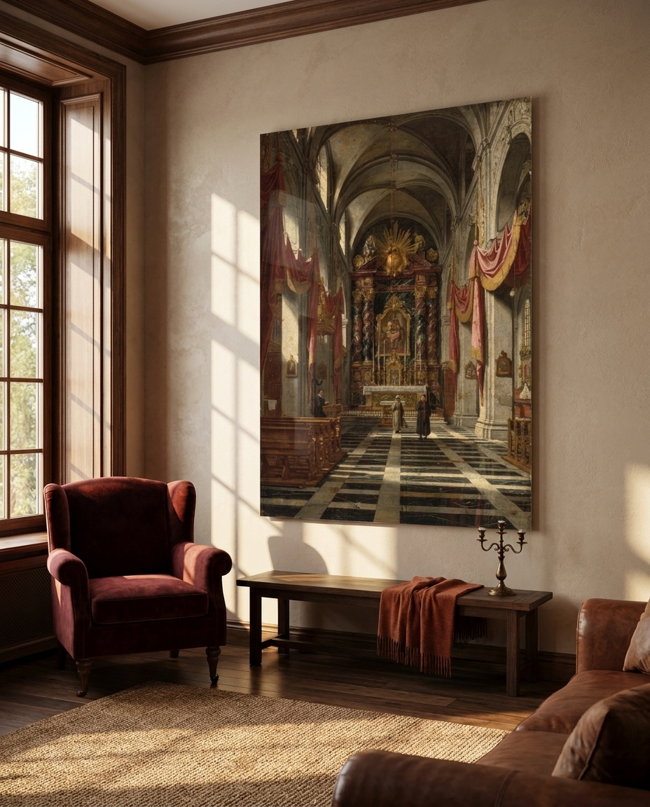 A towering gilded altar burns at the end of a pale stone nave, crimson velvet falling on either side.