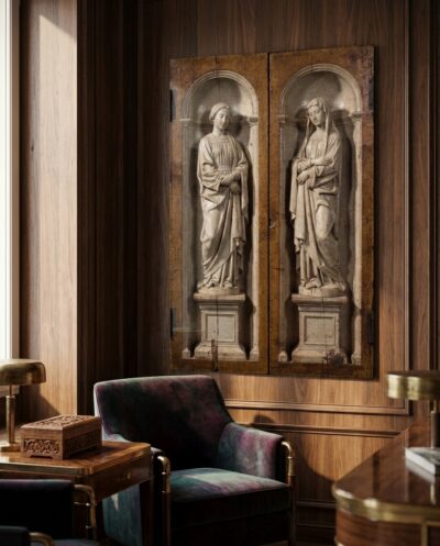 Two draped figures painted as pale stone statues rest in shallow niches, their carved folds and cast shadows conjuring sculpture from cool monochrome glaze.