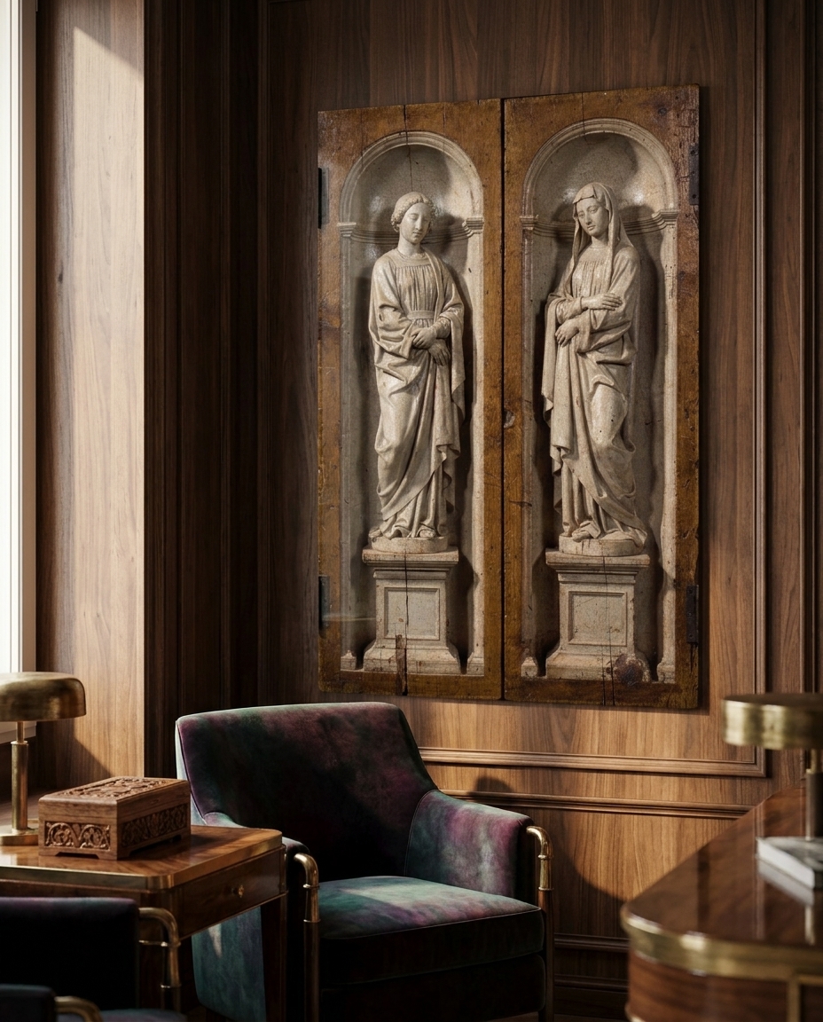 Two draped figures painted as pale stone statues rest in shallow niches, their carved folds and cast shadows conjuring sculpture from cool monochrome glaze.
