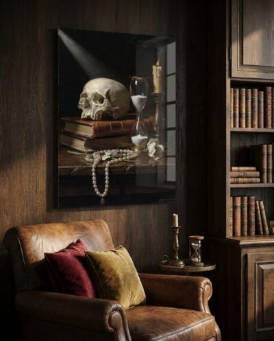 A pale skull rests on weathered books beside a draining hourglass and a guttering candle, pearls spilling into shadow under a single shaft of light.