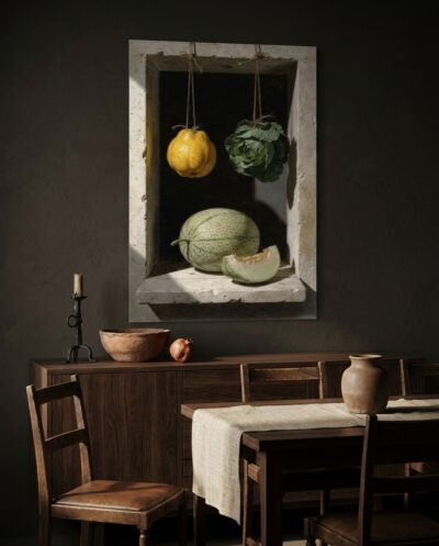 Suspended by slender twine within a carved limestone niche, a golden quince and leafy cabbage hover in quiet harmony beside a carved melon against infinite shadow.
