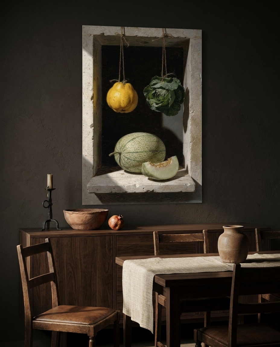 Suspended by slender twine within a carved limestone niche, a golden quince and leafy cabbage hover in quiet harmony beside a carved melon against infinite shadow.