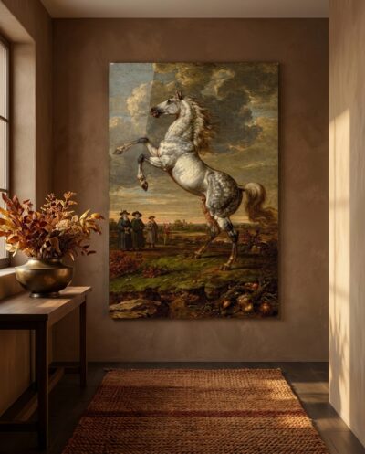 A single dapple-grey stallion rears against a bruised gold sky, mane flying, the whole weather behind him.