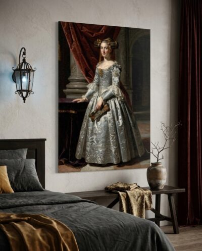 A Spanish noblewoman stands in quiet courtly poise, draped in luminous silver-threaded brocade against cascading crimson velvet and grand palatial architecture.