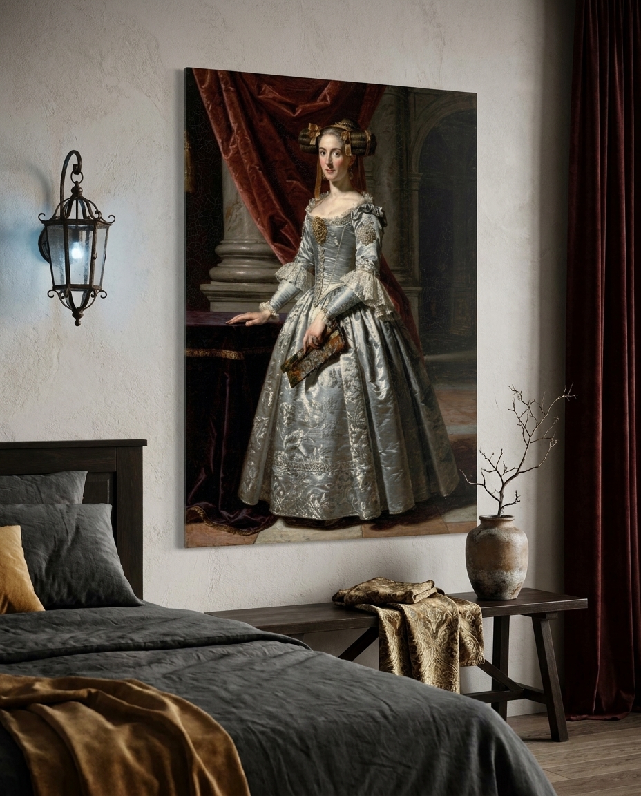A Spanish noblewoman stands in quiet courtly poise, draped in luminous silver-threaded brocade against cascading crimson velvet and grand palatial architecture.