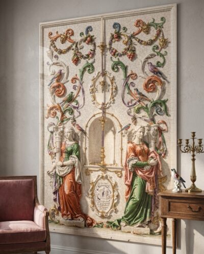 Two draped figures stand among scrolling candelabra ornament, garlands and songbirds, coral and gold blooming across a crackled ivory ground.