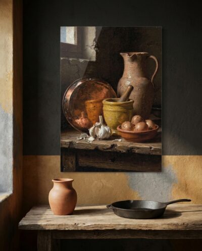Rustic terracotta, glowing hammered copper, and fragile cloves of garlic rest in a shaft of quiet daylight upon a weathered oak table.