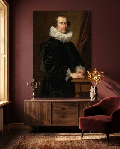 An invented nobleman in black silk and broad white lace turns in warm brown light, one gloved hand at rest.