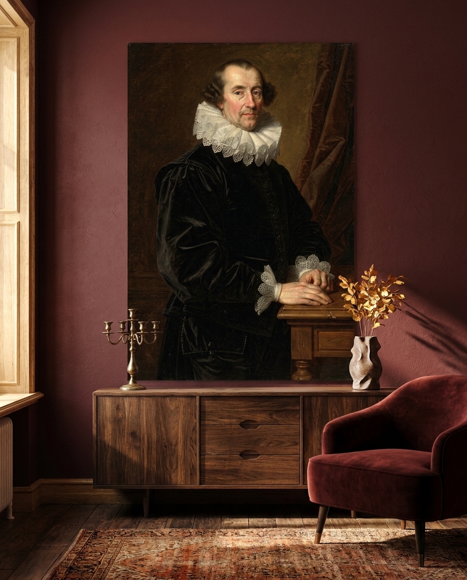 An invented nobleman in black silk and broad white lace turns in warm brown light, one gloved hand at rest.