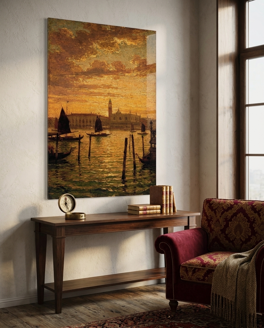A tall gold and bronze sky burns above a hazy Venetian shore, dark-sailed boats and weathered poles mirrored in slack green-gold water.