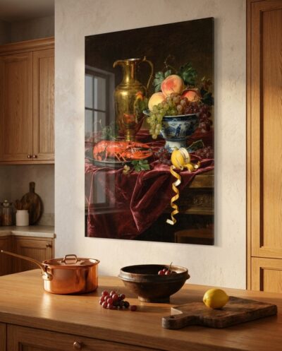Silver, porcelain and spilling fruit crowd a crimson velvet table, a lobster gleaming on pewter under warm gold light.