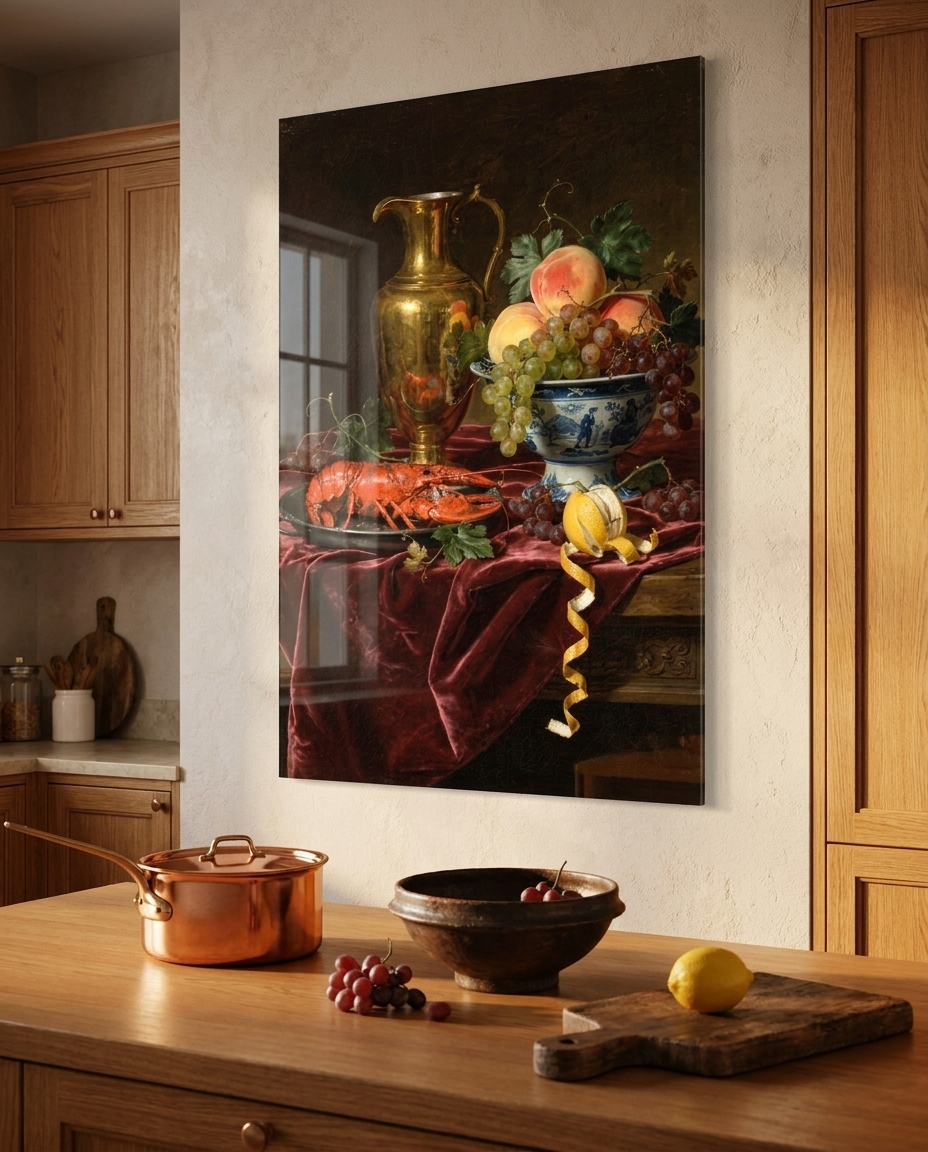 Silver, porcelain and spilling fruit crowd a crimson velvet table, a lobster gleaming on pewter under warm gold light.