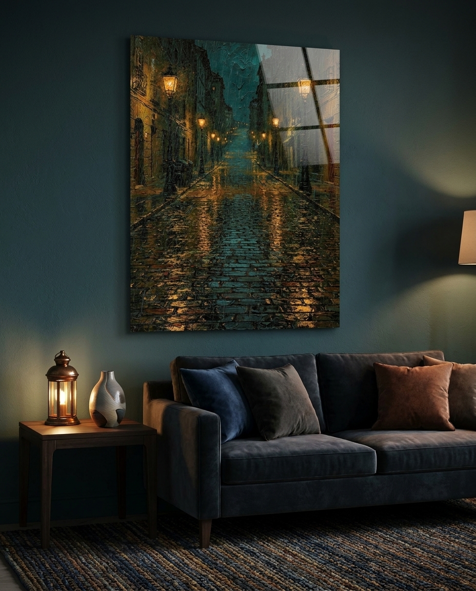 Golden lantern light spills across glistening, rain-washed cobblestones, guiding the eye down a quiet European lane wrapped in deep petrol shadows.