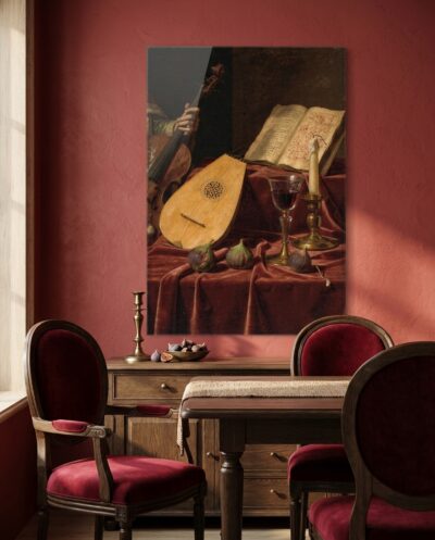 A pear-shaped lute, a viol's scroll and a glass of dark wine rest on crimson velvet in warm gold light, the last note just faded.