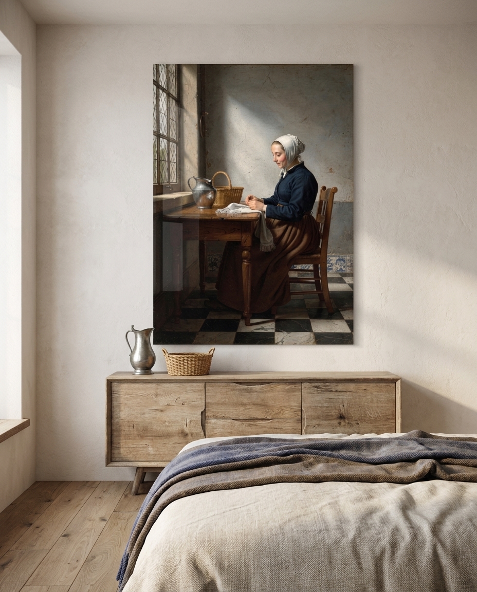 A woman in a white cap bends over pale linen beside a tall leaded window, held in the quiet gravity of patient work.