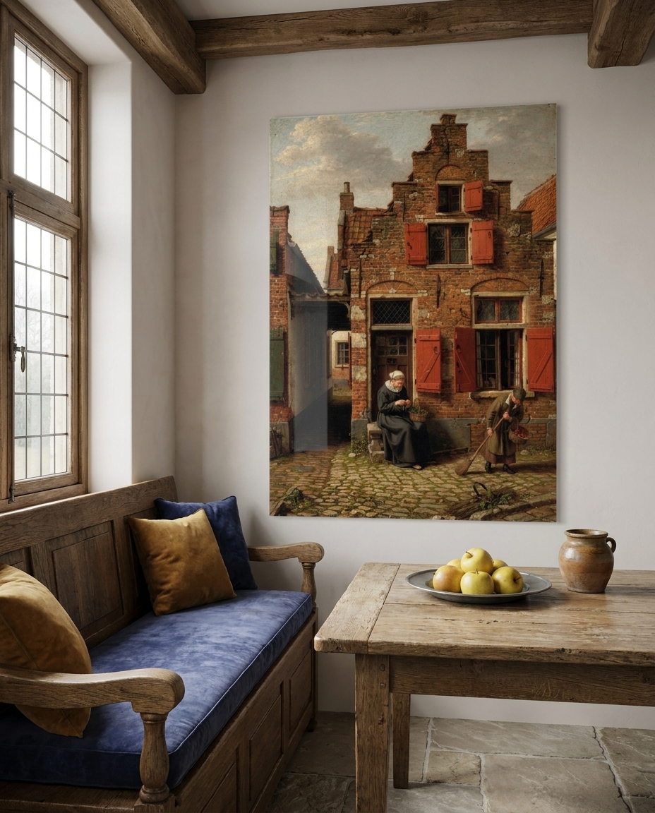 A weathered brick house with red shutters watches over a swept lane where one figure sews and another sweeps the mossy cobbles.