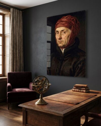 An invented sitter in a scarlet chaperon and fur-lined black gown gazes out, every pore, grey hair and tired eyelid rendered with patient, unflinching clarity.