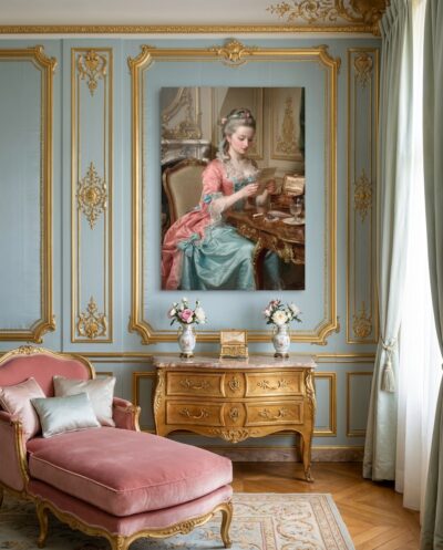 Bathed in the quiet morning light of a gilded salon, an elegant noblewoman pauses over an intimate handwritten missive, completely lost in thought.