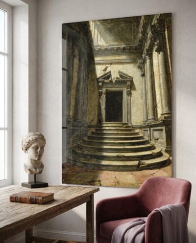 An oval staircase spills downward like poured stone, ringed by half-sunken columns and a broken pediment that doubles over a blank, shadowed door.