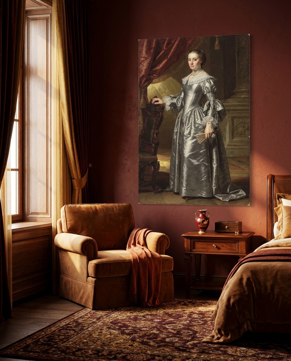 A noblewoman in silver-grey satin stands beside a swagged crimson curtain, light gliding down her full skirts.