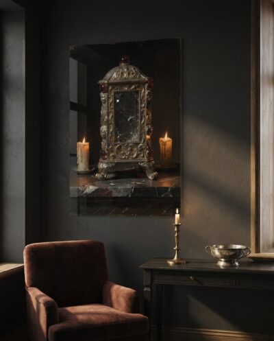 A silver-worked reliquary crowned with garnet cabochons glows between two guttering candles, its mirrored heart set against velvet darkness.