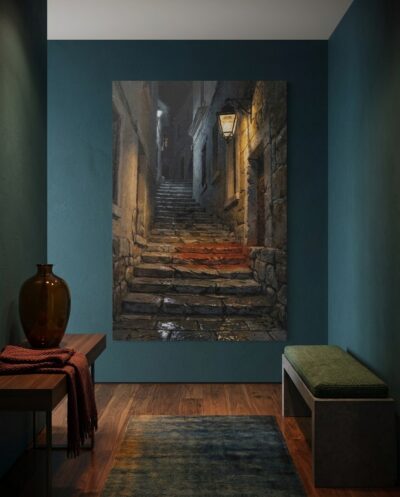 Worn flagstone steps climb between towering masonry walls, illuminated by the warm amber glow of a solitary iron lantern in the quiet night.