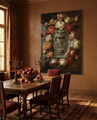 A dense oval garland of dew-jewelled roses, tulips and peonies crowds a carved stone cartouche against velvet darkness.