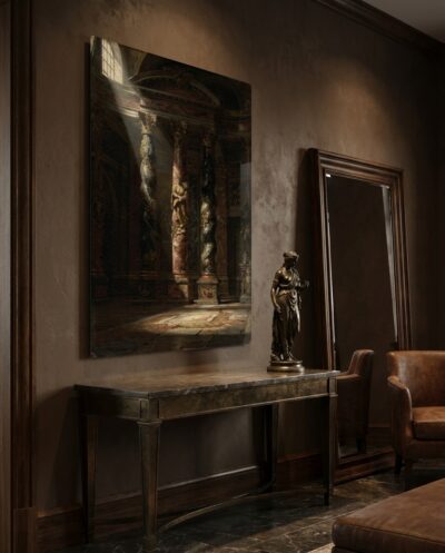 Sunlight slants through a shadowed Baroque nave, gilding a pair of spiralling columns and the worn stone floor below.