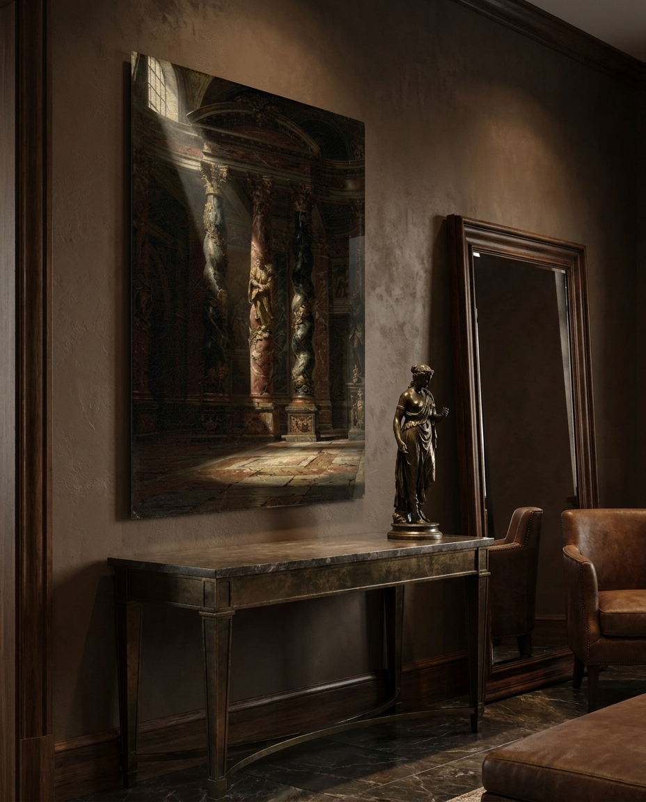 Sunlight slants through a shadowed Baroque nave, gilding a pair of spiralling columns and the worn stone floor below.