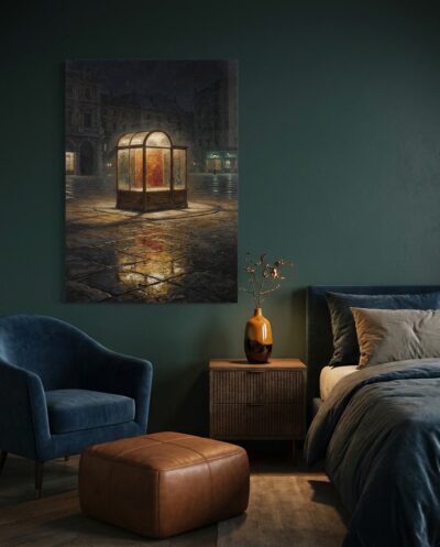 Standing solitary amid a rain-swept nocturnal square, an arched glass vitrine radiates an amber and oxblood glow across wet, reflective flagstones.
