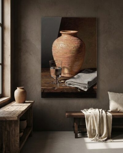 Cool beads of condensation cling to a rustic clay pitcher beside a clear glass of water, resting in quiet dignity upon a weathered wooden table.