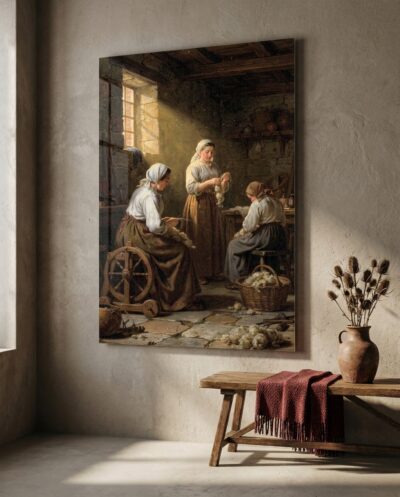 Bathed in a dramatic shaft of morning sunlight, three artisans spin and card wool within the quiet, time-worn sanctuary of a rustic stone workshop.