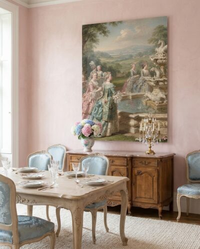 Aristocratic ladies in shimmering silk gowns share quiet confidences beside an ornate carved fountain, suspended in a golden eighteenth-century pastoral reverie.