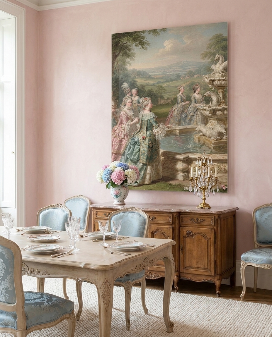 Aristocratic ladies in shimmering silk gowns share quiet confidences beside an ornate carved fountain, suspended in a golden eighteenth-century pastoral reverie.