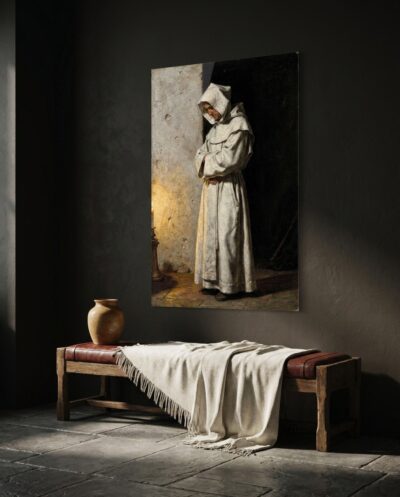 A solitary friar enveloped in a sculptural white habit stands in contemplative silence, carved by warm candlelight against the profound shadows of an austere cloister.