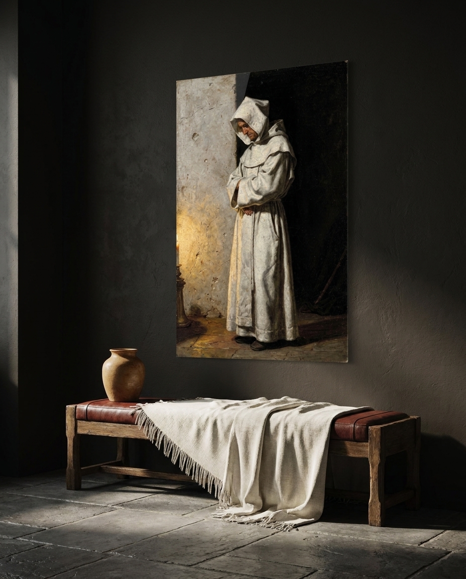 A solitary friar enveloped in a sculptural white habit stands in contemplative silence, carved by warm candlelight against the profound shadows of an austere cloister.