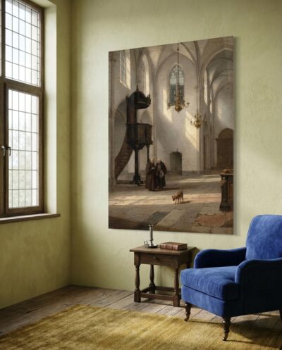 Cool daylight pours down tall whitewashed walls and pale stone columns, where two cloaked figures pause and a small dog crosses the empty floor.