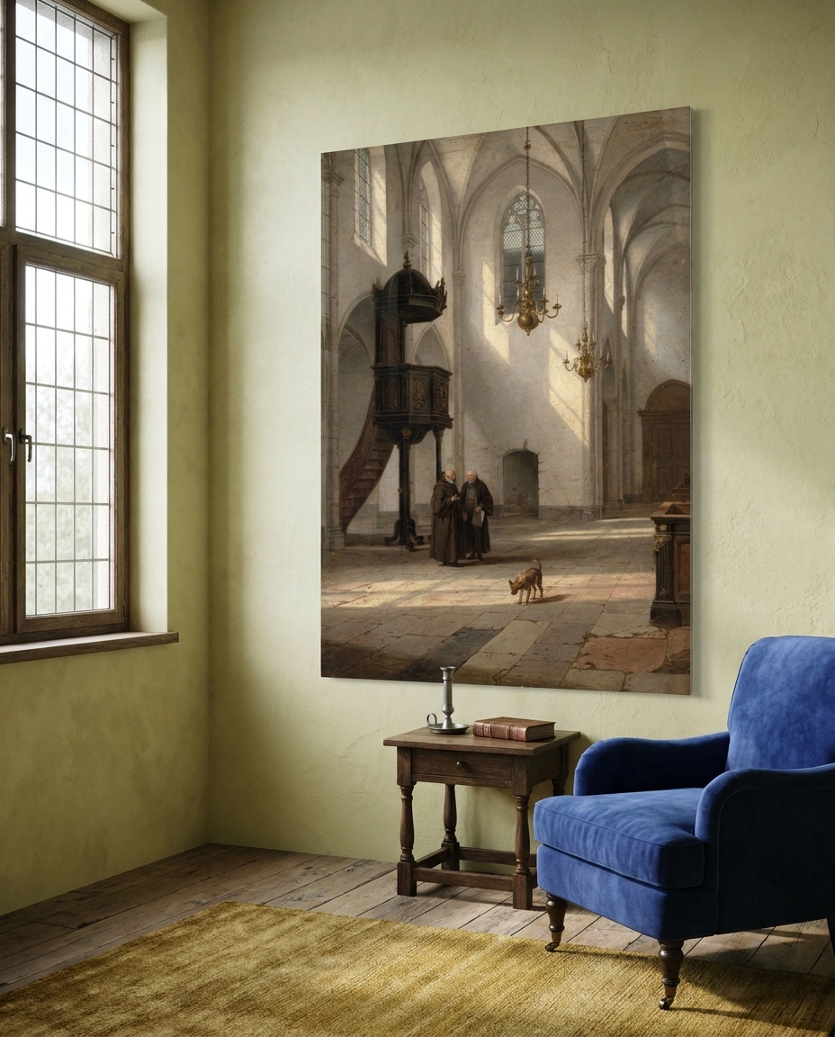 Cool daylight pours down tall whitewashed walls and pale stone columns, where two cloaked figures pause and a small dog crosses the empty floor.
