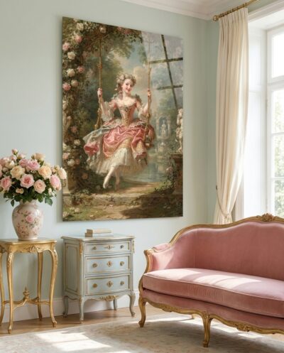 Suspended mid-air in an exuberant cascade of pink silk, a young noblewoman sways beneath a sun-dappled canopy of climbing roses.