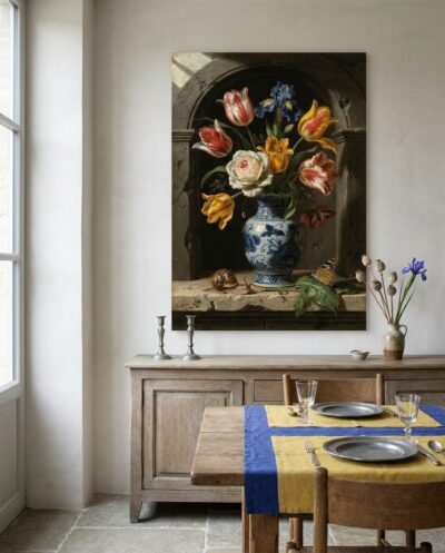 Flamed tulips and a pale rose glow from a shadowed stone niche, a butterfly and a snail caught in perfect stillness.