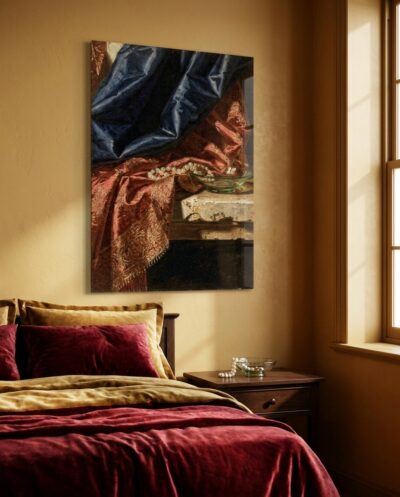 Blue silk and crimson gold-threaded brocade cascade over worn stone, a quiet study in how two great colors behave in falling light.