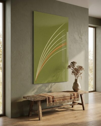 Graceful arcing lines sweep across a velvety olive green field, guided by a single streak of warm amber that charts the unseen currents of the wind.
