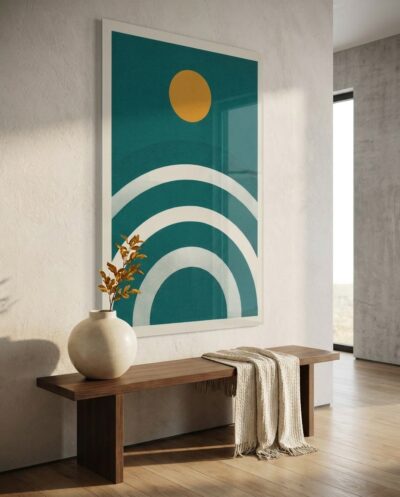 A glowing amber sun balances above rhythmic concentric arcs, translating the poise of midday radiance into a striking graphic horizon of deep petrol teal and pure white.