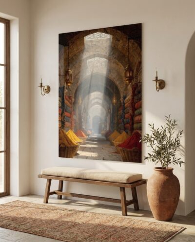 Beams of golden morning sun pierce ancient stone vaults, illuminating vibrant heaps of spice and stacked textiles in a tranquil bazaar corridor.